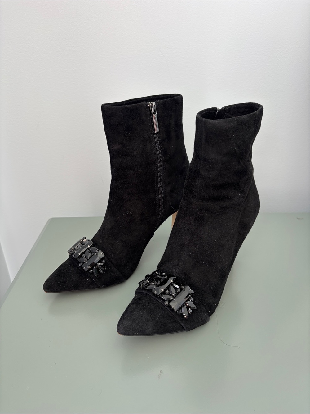 Karl Lagerfeld Black Suede Pointed Toe Jeweled Ankle Boots